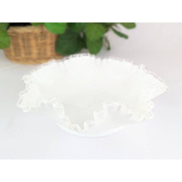 Vtg White Milk Glass Serving Bowl 11" Fenton Silver Crest Footed Double Crimped - Picture 4 of 9